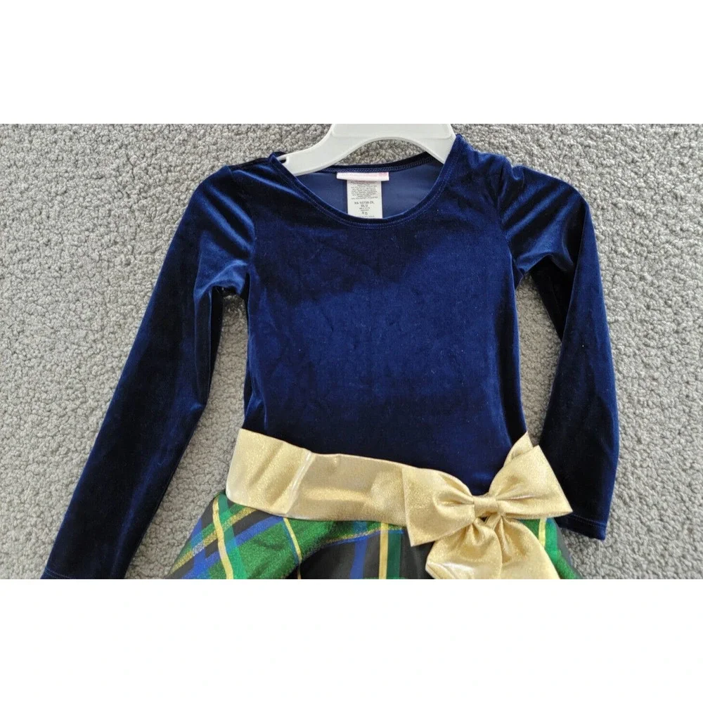 BONNIE JEAN Long Sleeved Velvet Bodice Dress Girl's 5 Navy/ Green w/ Bow - Picture 2 of 15